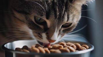 Cat feeding on dry kibble from a stainless steel bowl in a well-lit indoor setting photo