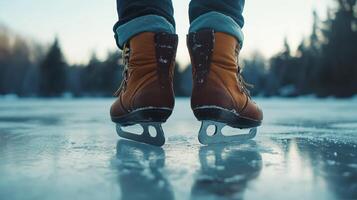 Person skating on a frozen lake surrounded by trees during winter at dusk photo