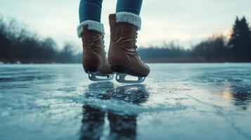 Person ice skating on a frozen lake during twilight in a serene winter landscape photo
