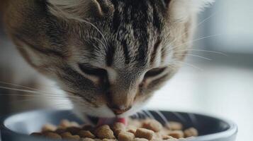 Cat eating dry food from a blue bowl during the afternoon in a well-lit home setting photo