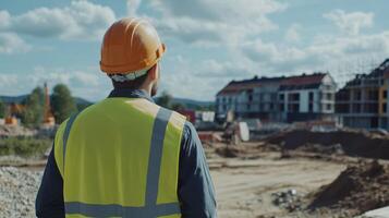 Construction worker overseeing site development on a sunny day with new buildings under construction in the background photo