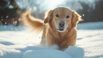 Golden retriever playing joyfully in fresh snow on a sunny winter afternoon photo