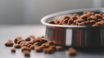 Pet food scattered beside a metal bowl on a wooden surface in a bright, indoor setting photo