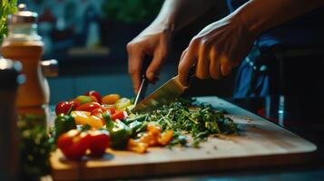 Preparing a fresh vegetable salad in a cozy kitchen during the evening photo