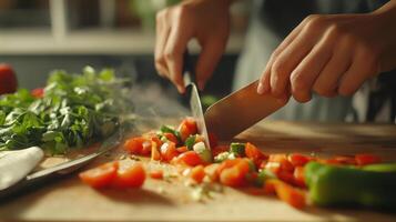 Chopping fresh vegetables on a wooden cutting board in a modern kitchen during meal preparation photo