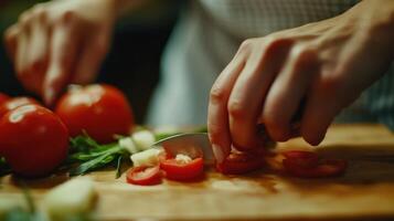 Slicing fresh tomatoes on a wooden cutting board in a cozy kitchen during meal preparation photo