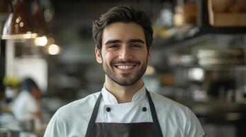 A smiling chef stands in a bustling restaurant kitchen, surrounded by cooking equipment and fellow staff during a busy dinner service photo