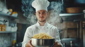 Chef presenting a bowl of freshly cooked pasta in a bustling restaurant kitchen during dinner service photo