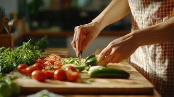 A person chopping fresh vegetables in a bright kitchen during meal preparation photo