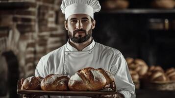 Baker holding freshly baked artisan bread in a rustic bakery during the day photo