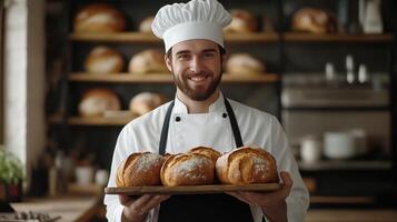 Baker presenting fresh loaves of bread in a warm bakery setting during the day photo
