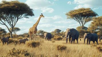 Giraffe and elephants grazing peacefully in a savanna landscape under a clear blue sky photo