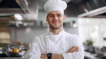 Chef in a restaurant kitchen wearing a uniform and hat, smiling confidently with arms crossed during service hours photo
