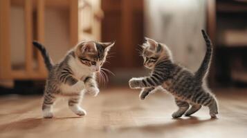 Two playful kittens interacting in a cozy indoor setting during the morning hours photo