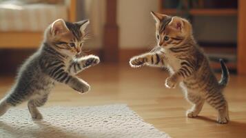 Two playful kittens interacting on a soft rug in a cozy indoor living space during the afternoon photo