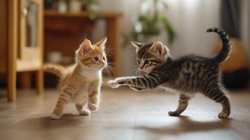Playful kittens frolicking in a cozy indoor living space during daylight hours photo