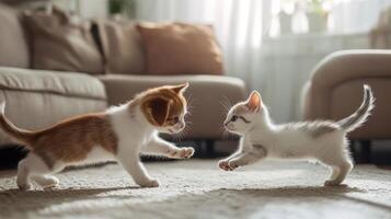 Two playful kittens interacting in a cozy living room during the afternoon sun photo