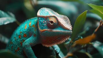 Brightly colored chameleon resting on leaves in a tropical rainforest during daylight photo