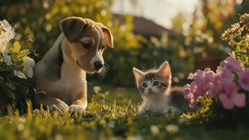 A playful puppy and curious kitten exploring a vibrant garden during golden hour photo