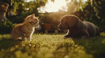 Playful kitten and puppy interacting in a sunny garden during late afternoon photo