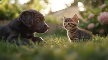A curious puppy and kitten playing together in a sunny garden during a warm afternoon photo
