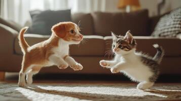 Puppy and kitten play together in a cozy living room during the afternoon photo