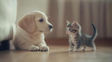 A curious puppy and kitten play together in a cozy indoor setting on a sunny afternoon photo