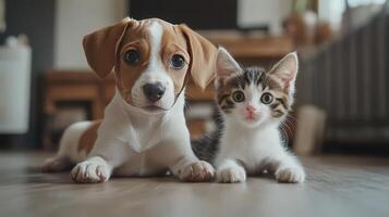 A puppy and a kitten play together in a cozy living room during the afternoon photo