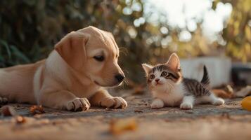 A playful kitten and puppy interact in a sunny backyard, surrounded by autumn leaves in the evening light photo
