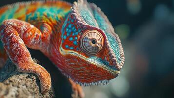 Colorful chameleon perched on a rock in a tropical environment during daylight hours photo