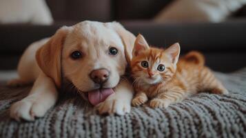 Puppy and kitten cuddling on a cozy blanket in a living room during the afternoon photo