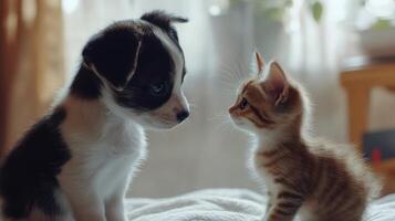 A playful puppy and kitten sharing an inquisitive moment indoors during the afternoon light photo