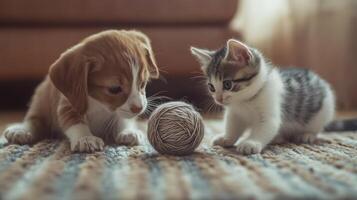 A playful puppy and kitten engage with a ball of yarn on a cozy rug in a warm living room photo