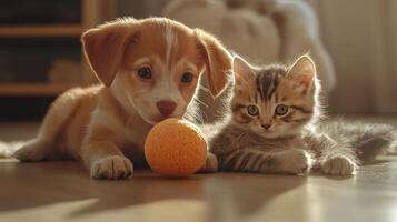 Cute puppy and kitten playing together with a ball at home in warm afternoon light photo