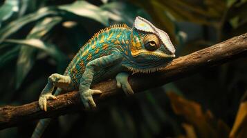 A vibrant chameleon perched on a branch amid lush green foliage in a tropical habitat during daylight photo