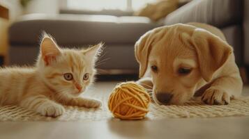 A playful kitten and puppy curiously observe a yarn ball in a cozy living room during the afternoon photo