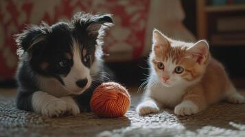 A playful puppy and kitten enjoy a yarn ball in a cozy living room during afternoon sunlight photo