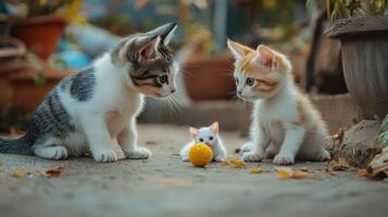Two playful kittens and a small one are curiously exploring a ball outdoors among potted plants in a sunny garden setting photo
