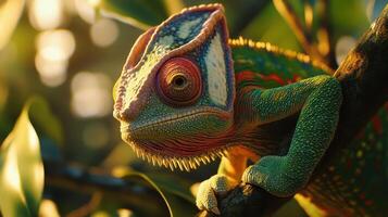 Colorful chameleon perched on a branch in a lush forest during golden hour photo