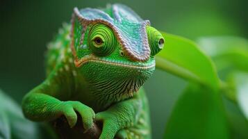 Green chameleon perched on a branch amidst lush foliage in a tropical rainforest during daylight photo