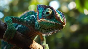 Colorful chameleon perched on a branch in a lush green environment during daylight photo