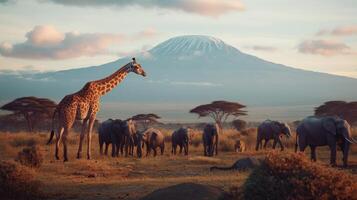 Giraffe stands tall among elephants in African savannah with Mount Kilimanjaro in the background during golden hour photo