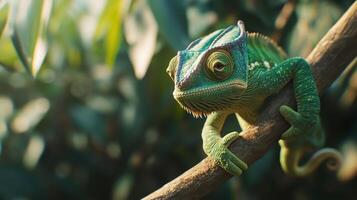 A vibrant green chameleon perched on a branch amidst lush foliage in a sunlit forest setting photo