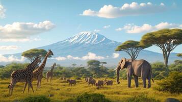 Elephants and giraffes grazing in the savanna near Mount Kilimanjaro on a sunny afternoon photo