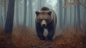 Brown bear walking through a misty forest in autumn, surrounded by trees and foliage during the early hours of the day photo