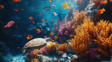 A sea turtle swims gracefully among vibrant coral reefs and colorful fish in a tropical ocean photo