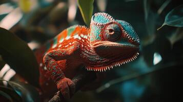 A vibrant chameleon resting on a branch surrounded by lush greenery in a tropical habitat during daylight photo