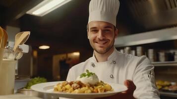 Chef presenting a beautifully plated dish in a bustling restaurant kitchen during dinner service photo