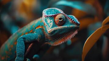 Colorful chameleon perched on a branch in a lush tropical forest during the day photo