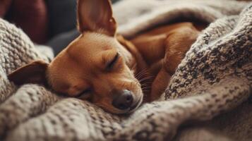 A sleeping Chihuahua nestled in a cozy blanket on a chilly afternoon indoors photo